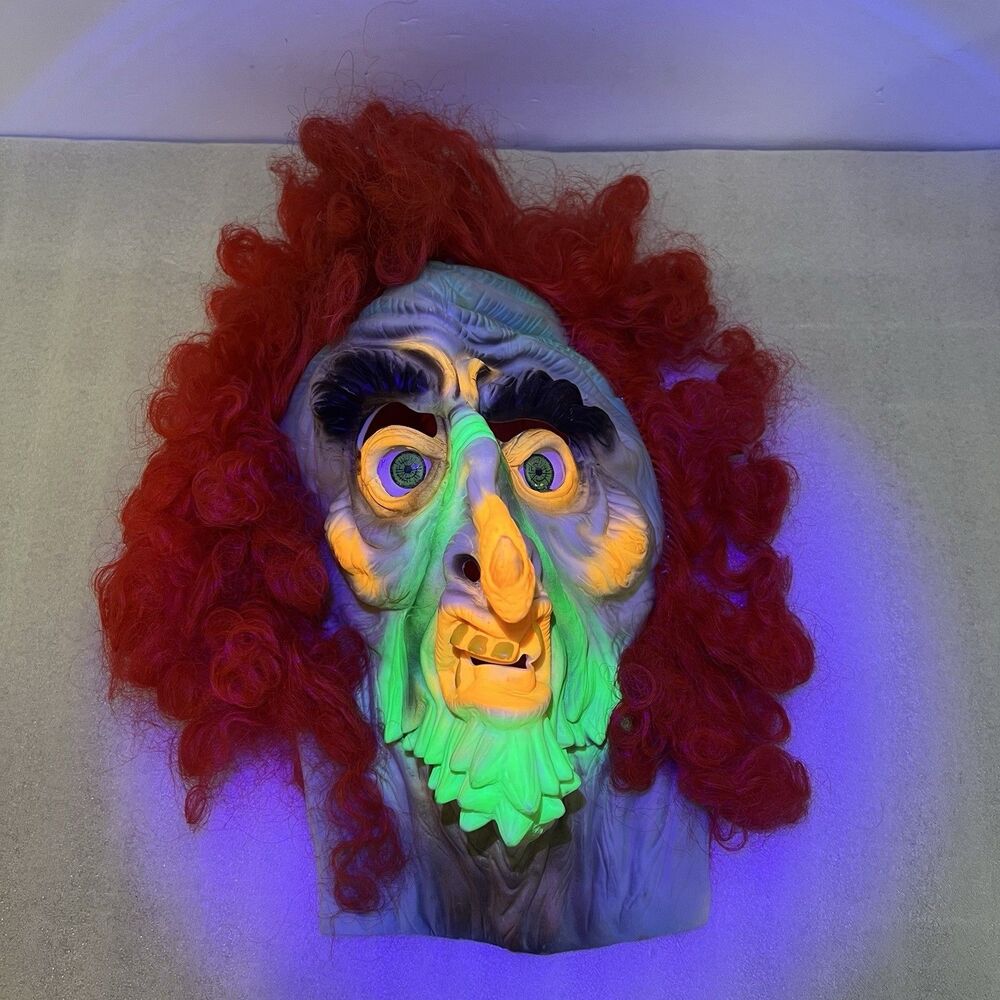 Vtg 1970s/80s Fun World Black Light Glow Halloween Rubber Mask Witch Monster